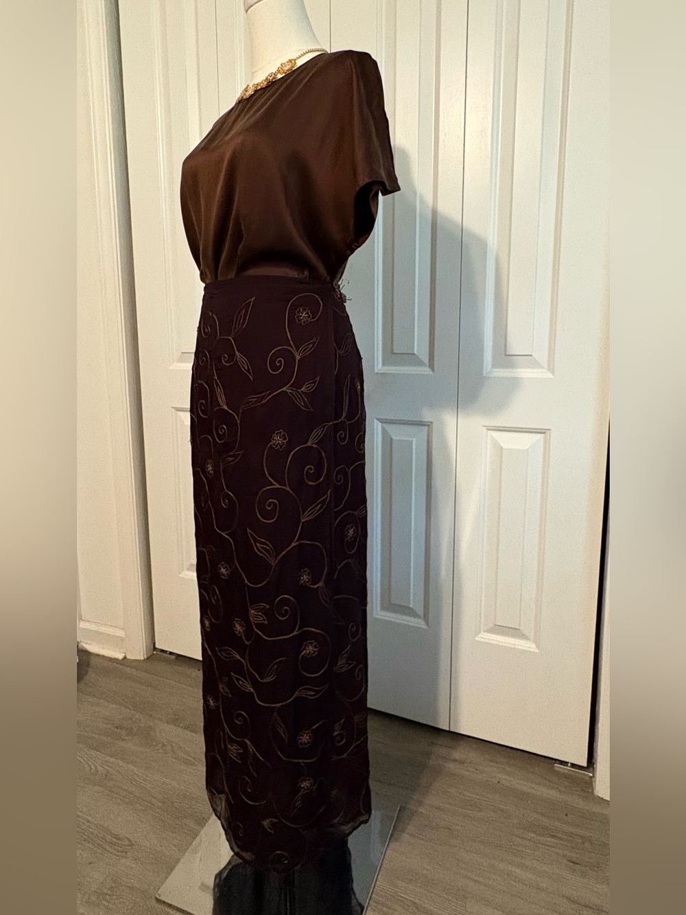 Vintage 90s Compagnie Internationale EXPRESS 100% Silk Espresso Brown Maxi Skirt